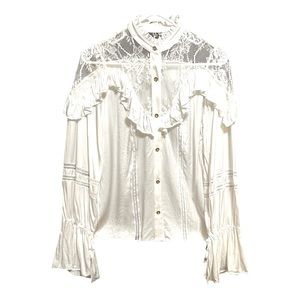Divine Heritage Vintage Sateen Look Ruffle & Lace Western Blouse XS
